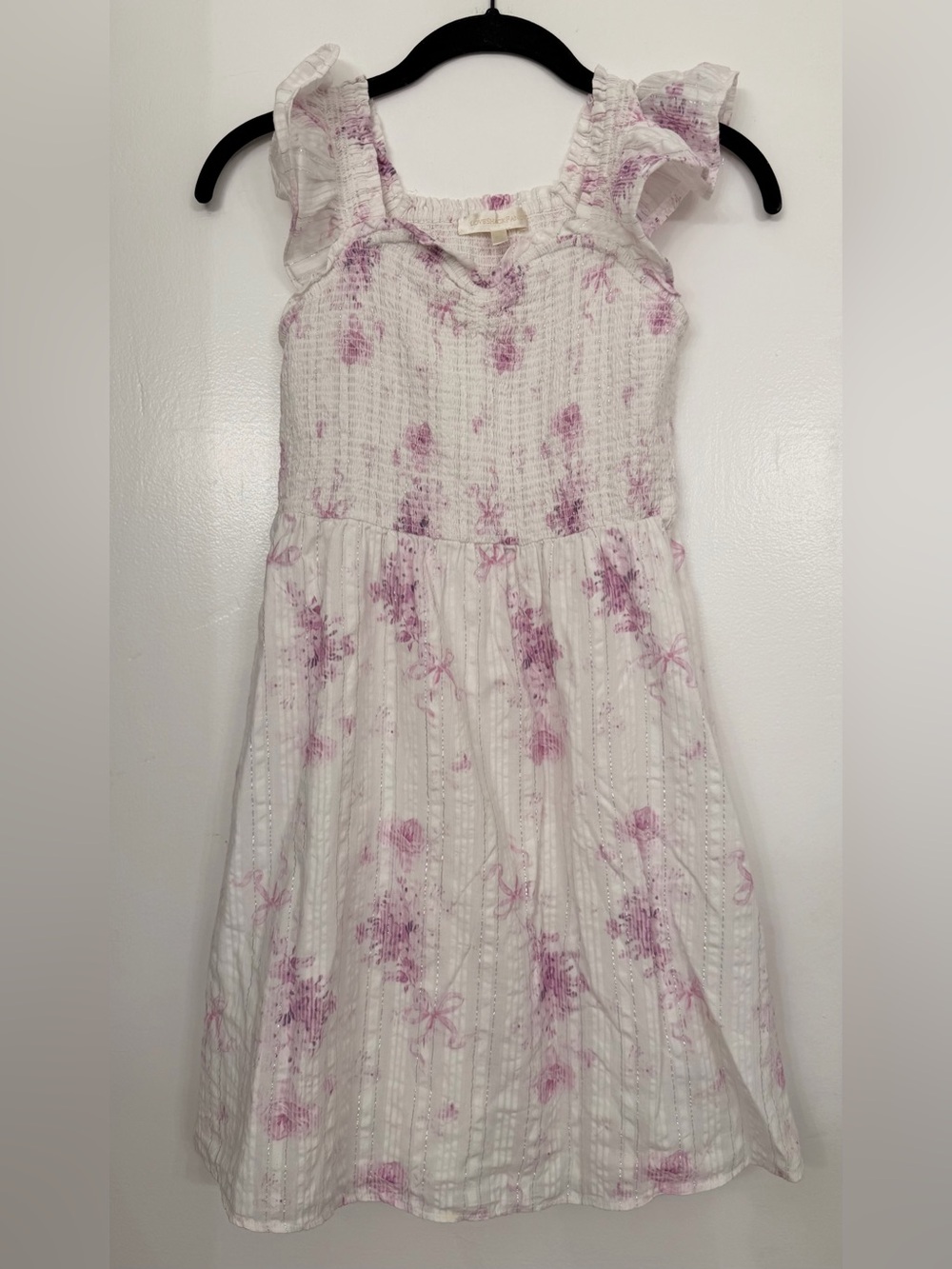 LoveShackFancy Girls' White & Purple Floral Bow Sundress Size 12